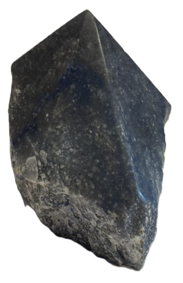 Natural dark blue aventurine standing point with polished facets and raw base sians emporium Dark blue aventurine crystal point featuring smooth polished facets at the top and a rough natural unpolished rock base on a white background